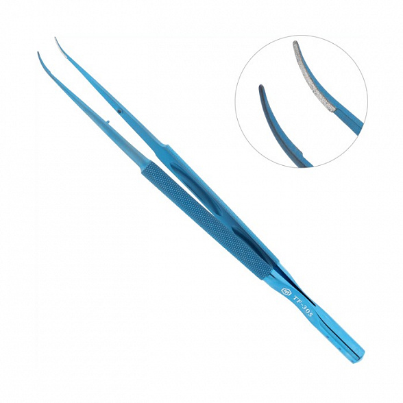 Пинцет микрохирургический шовный, плавноизогнутый, с противовесом, общая длина 180 мм