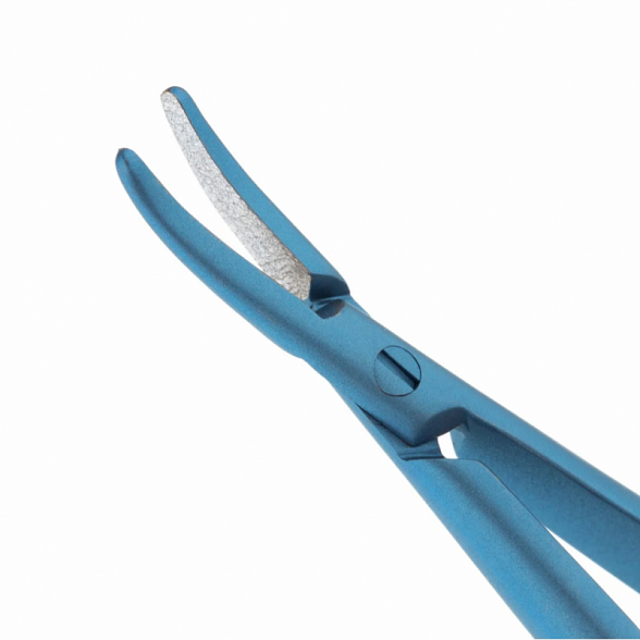 Иглодержатель микрохирургический, изогнутая рабочая часть, толщина ручки 8 мм, ширина рабочей части 1,0 мм, общая длина 160 мм, замок - L, титан