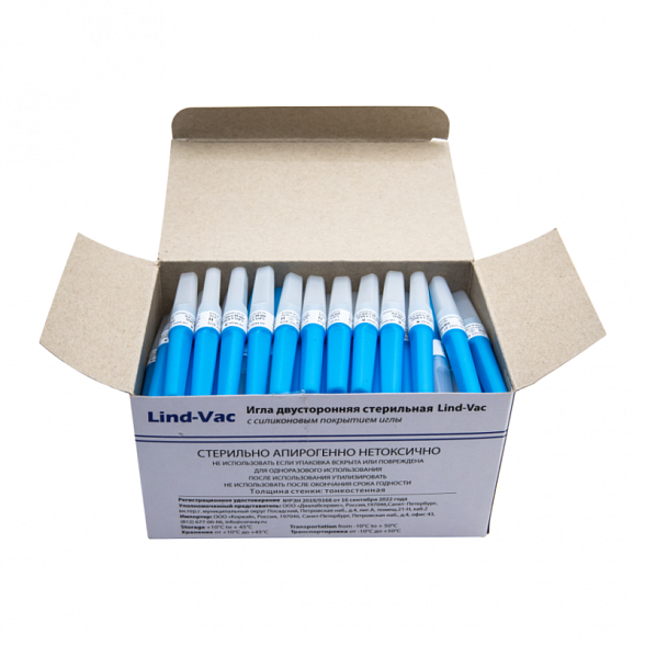 Игла двусторонняя для забора крови Lind-Vac 0,6 мм х 38 мм (23G х1 1/2''), 100 шт/уп