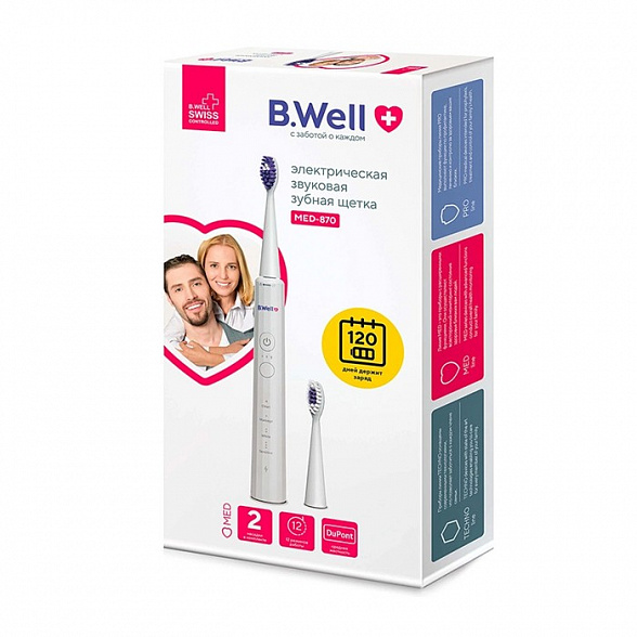 Электрическая звуковая зубная щетка, модель MED-870 с аккумулятором (12 режимов, в комплекте 2 насадки, кабель usb, сумка для хранения, гигиенический колпачок) (Белая)