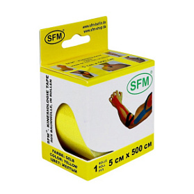 Лента кинезиологическая SFM-Plaster, на хлопковой основе, 5см Х 500см, желтого цвета, в диспенсере