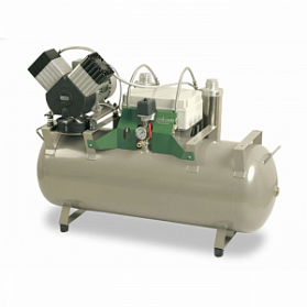 EKOM DK50 2V/110/M - безмасляный компрессор для двух стоматологических установок без кожуха, с осушителем, с ресивером 110 л