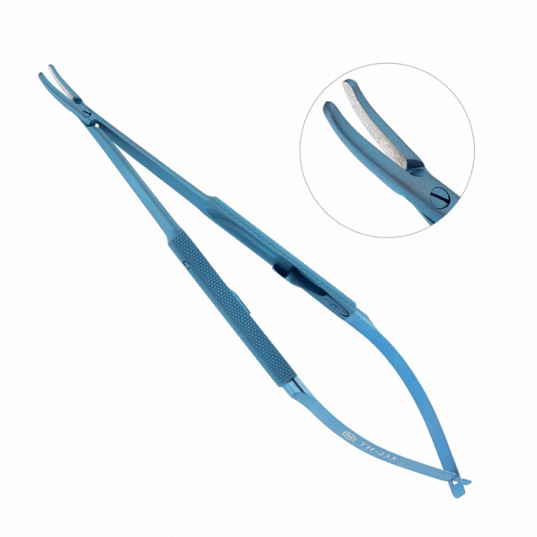 Иглодержатель микрохирургический, изогнутая рабочая часть, толщина ручки 8 мм, ширина рабочей части 1,5 мм, общая длина 160 мм, замок - L, титан