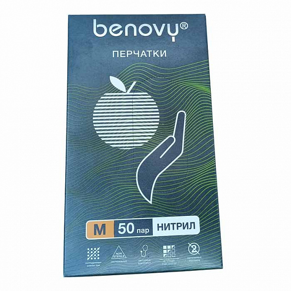 Перчатки нитриловые медицинские BENOVY Nitrile MultiColor, зеленые, размер M, 50 пар в упаковке