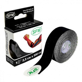 Лента кинезиологическая SFM-Plaster, на хлопковой основе, 2,5см x 500см, черного цвета, в диспенсере
