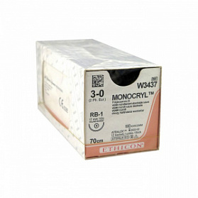 Шовный материал МОНОКРИЛ 3/0, 70 см, фиолетовый Кол. 17 мм, 1/2 Ethicon