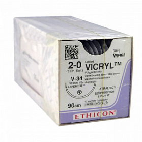 Шовный материал ВИКРИЛ 2/0. 90 см фиолетовый Кол.-реж. 36 мм. 1/2 Ethicon