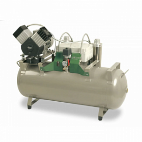 EKOM DK50 2V/110 - безмасляный компрессор для двух стоматологических установок без кожуха, без осушителя, с ресивером 110 л