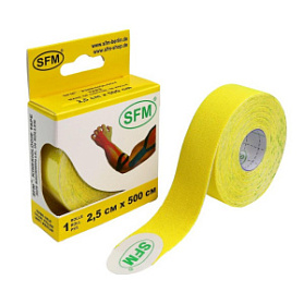 Лента кинезиологическая SFM-Plaster, на хлопковой основе, 2,5см Х 500см, желтого цвета, в диспенсере