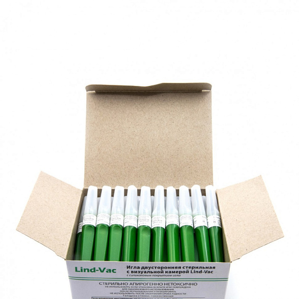 Игла двусторонняя для забора крови с визуальной камерой Lind-Vac 0,8 мм х 38 мм (21G х1 1/2''), 50 шт/уп