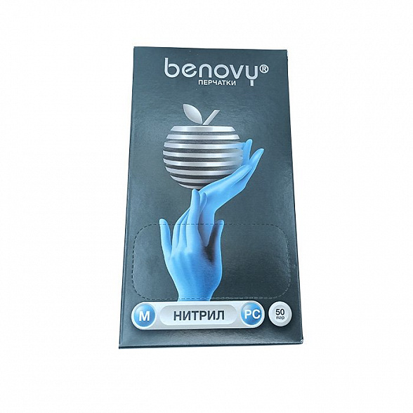 Перчатки нитриловые BENOVY Nitrile РС, голубые, размер M, текстурированные на пальцах, 50 пар в упаковке