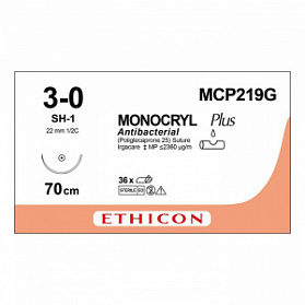 Шовный материал МОНОКРИЛ ПЛЮС 3/0, 70 см, фиолетовый Кол. 22 мм, 1/2 Ethicon