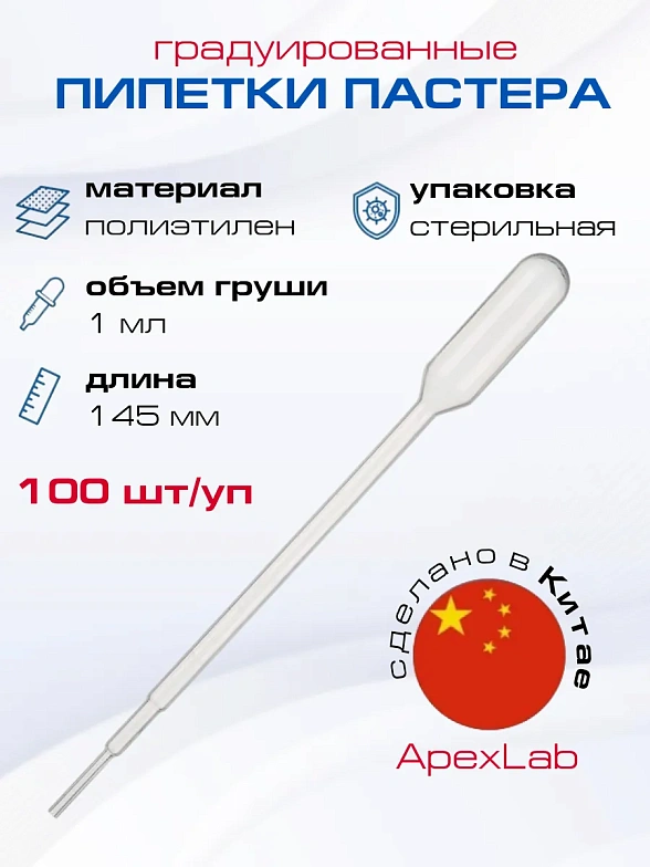Пипетка Пастера 1 мл, 145(155) мм, из полиэтилена, градуированная, в индивидуальной упаковке, стерильная (100 шт/уп)