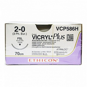 Шовный материал ВИКРИЛ ПЛЮС 2/0 70 см. фиолетовый Обр.-реж. 30 мм. 3/8 Ethicon