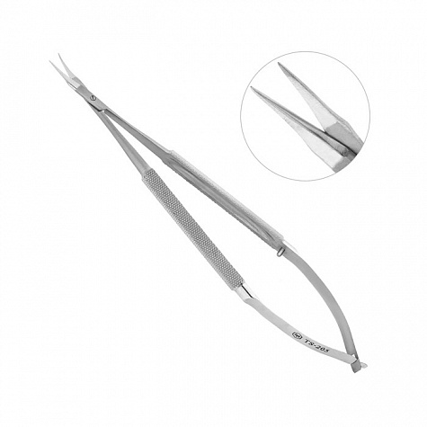 Ножницы микрохирургические, плавноизогнутые, остроконечные, общая длина 165 мм