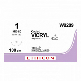 Шовный материал ВИКРИЛ 1. 100 см фиолетовый Кол. масс. 80 мм. 1/2 Ethicon