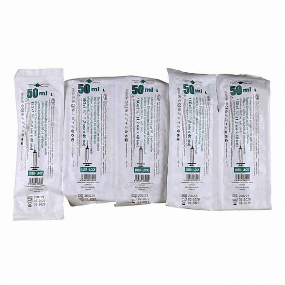 Шприц 50 мл (3-х) SFM, одноразовый стерильный с иглой 18G (LUER LOCK), 5 шт