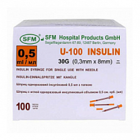 Шприц инсулиновый 0,5 мл со шкалой U-100 с интегрированной иглой 0,30х8 (30G) SFM 30 шт