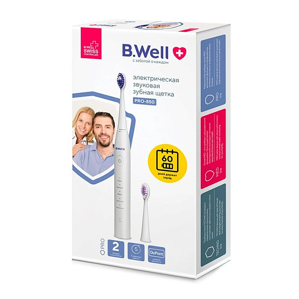 Электрическая звуковая зубная щетка, модель PRO-850 с аккумулятором (5 режимов, в комплекте 2 насадки, кабель usb, сумка для хранения, гигиенический колпачок) (Белая)