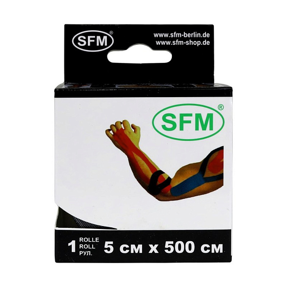 Лента кинезиологическая SFM-Plaster, на хлопковой основе, 5см Х 500см, черного цвета, в диспенсере
