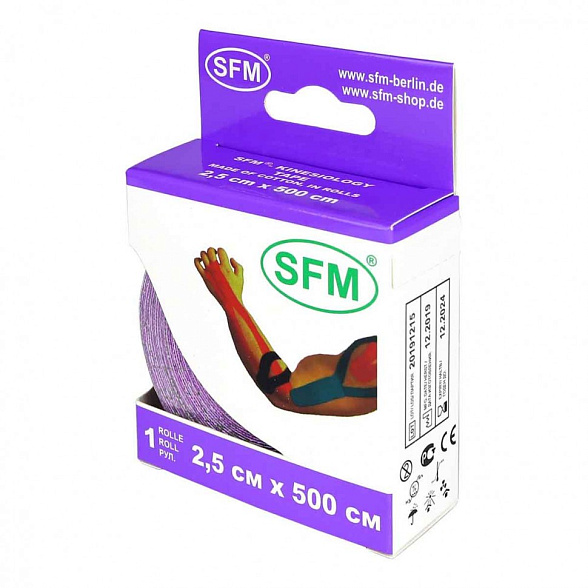 Лента кинезиологическая SFM-Plaster, на хлопковой основе, 2,5см x 500см, фиолетового цвета, в диспенсере