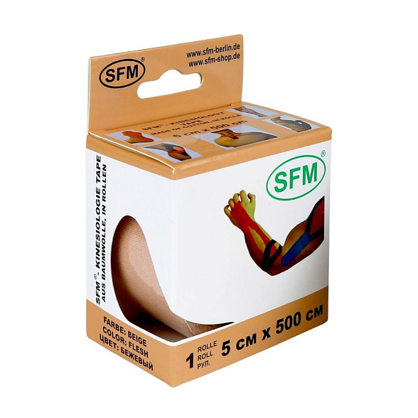 Лента кинезиологическая SFM-Plaster, на хлопковой основе, 5см Х 500см, бежевого цвета, в диспенсере