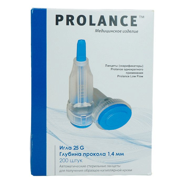 Ланцеты Prolance Low Flow для капиллярного забора крови 200 шт./упак, глубина прокола 1,4 мм, синие