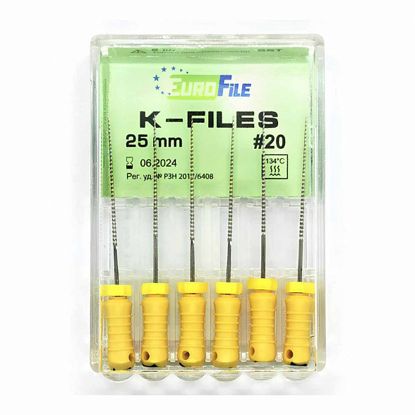 K-Files, 25мм, №20, дрильборы ручные, сталь, 6 шт. Eurofile