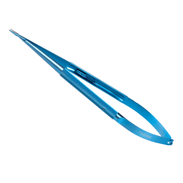 Иглодержатель микрохирургический, прямая рабочая часть, толщина ручки 8,5 мм, ширина рабочей части 0,8 мм, общая длина 180 мм, замок - L, титан