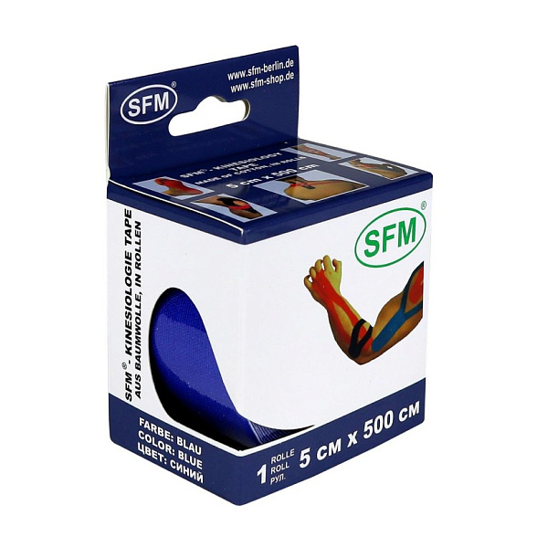 Лента кинезиологическая SFM-Plaster, на хлопковой основе, 5см Х 500см, синего цвета, в диспенсере