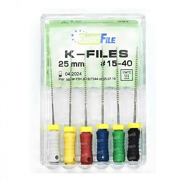 K-Files, 25мм, в наборе: 15-40, дрильборы ручные, сталь, 6 шт. Eurofile