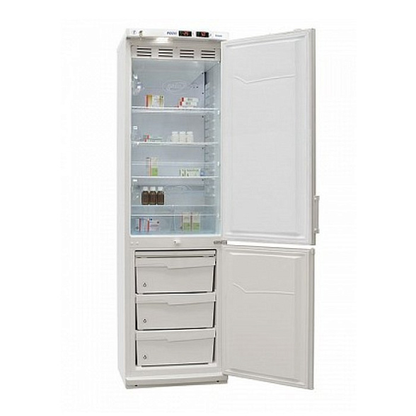 Холодильник комбинированный лабораторный ХЛ-340(ТС) ПОЗиС (270/130 л) с тонированной стеклянной дверью и дверью из металлопласта, серебро