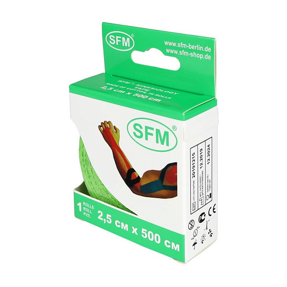 Лента кинезиологическая SFM-Plaster, на хлопковой основе, 2,5см Х 500см, зеленого цвета, в диспенсере