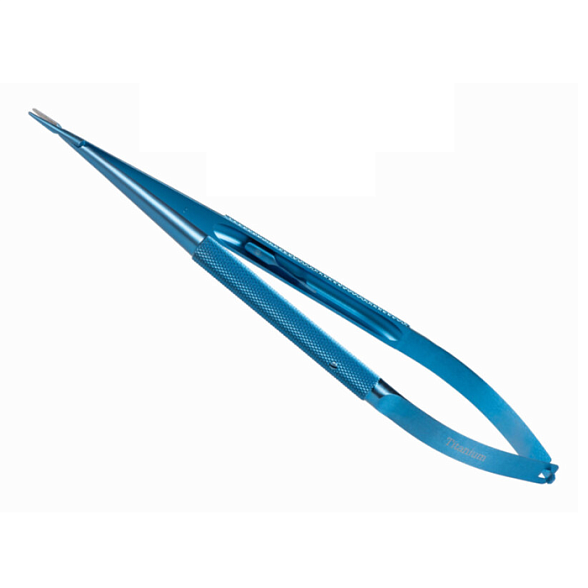 Иглодержатель микрохирургический, прямая рабочая часть, толщина ручки 8,5 мм, ширина рабочей части 1,0 мм, общая длина 180 мм, замок - L, титан