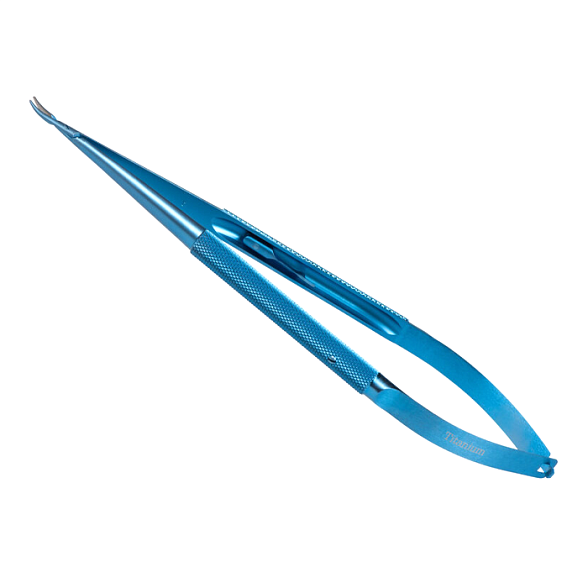 Иглодержатель микрохирургический, изогнутая рабочая часть, толщина ручки 8,5 мм, ширина рабочей части 0,8 мм, общая длина 180 мм, замок - L, титан