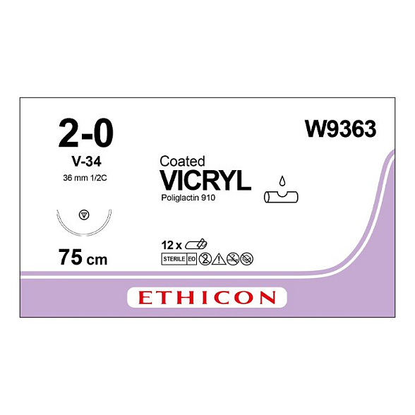 Шовный материал ВИКРИЛ 2/0. 75 см фиолетовый Кол.-реж. 36 мм. 1/2 Ethicon