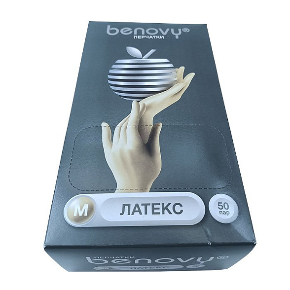 Перчатки латексные медицинские BENOVY Latex Chlorinated, р-м M, 50 пар в упаковке