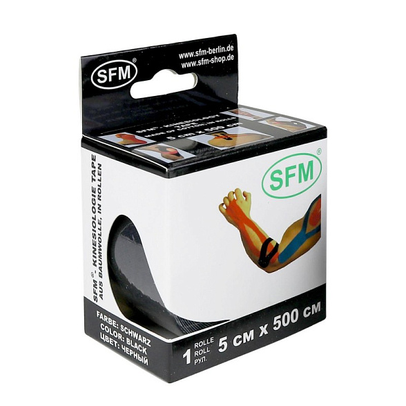 Лента кинезиологическая SFM-Plaster, на хлопковой основе, 5см Х 500см, черного цвета, в диспенсере