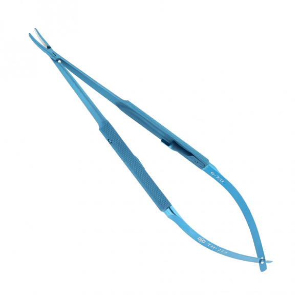 Иглодержатель микрохирургический, изогнутая рабочая часть, толщина ручки 8 мм, ширина рабочей части 1,0 мм, общая длина 160 мм, замок - U, титан