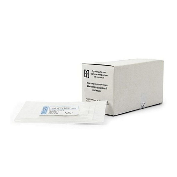 Игла атравматическая с нитью хирургической ШЕЛК плетеный черный USP 3/0 (MР2), 75см, 4C-0,6x17-3/0-S ПТО Медтехника, 20шт/уп