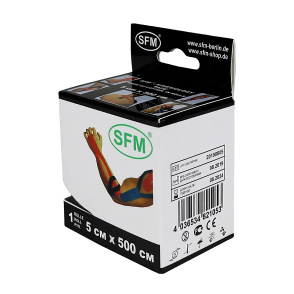 Лента кинезиологическая SFM-Plaster, на хлопковой основе, 5см Х 500см, черного цвета, в диспенсере