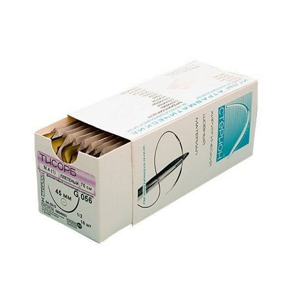 Шовный материал Тисорб 910 плетеный М 0,5 (7/0) 30 см, игла шпательная, 2 шт, 6,0 мм, 200 Мк, 3/8