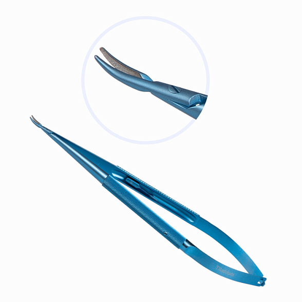 Иглодержатель микрохирургический, изогнутая рабочая часть, толщина ручки 8,5 мм, ширина рабочей части 0,8 мм, общая длина 180 мм, замок - L, титан