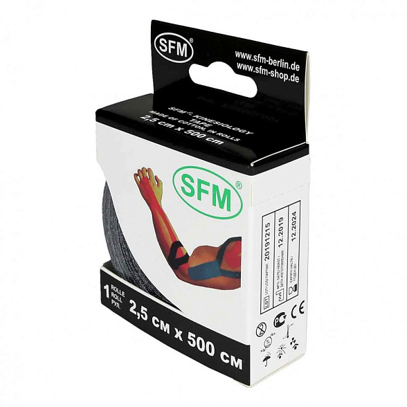 Лента кинезиологическая SFM-Plaster, на хлопковой основе, 2,5см x 500см, черного цвета, в диспенсере