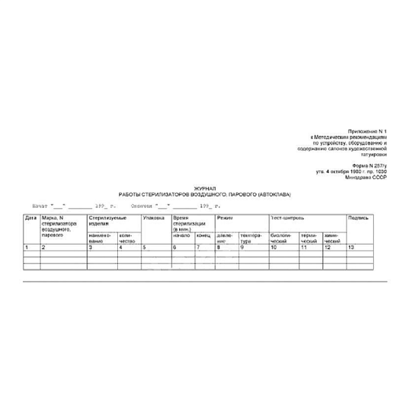 Журнал контроля работы стерилизаторов 257/У