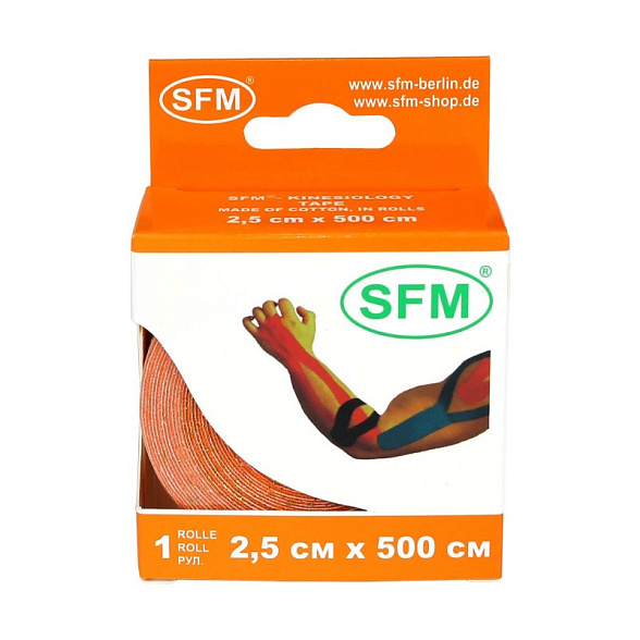 Лента кинезиологическая SFM-Plaster, на хлопковой основе, 2,5см Х 500см, оранжевого цвета, в диспенсере