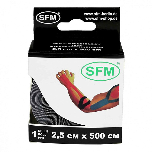 Лента кинезиологическая SFM-Plaster, на хлопковой основе, 2,5см x 500см, черного цвета, в диспенсере