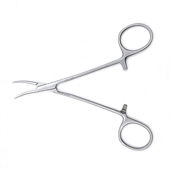 Зажим медицинский HALSTED-MOSQUITO, кровоостанавливающий, для новорожденных, изогнутый по ребру, 125 мм (З-122р), МИЗТ