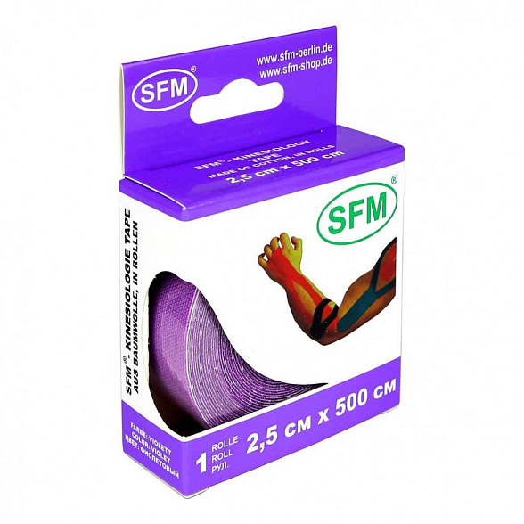 Лента кинезиологическая SFM-Plaster, на хлопковой основе, 2,5см x 500см, фиолетового цвета, в диспенсере