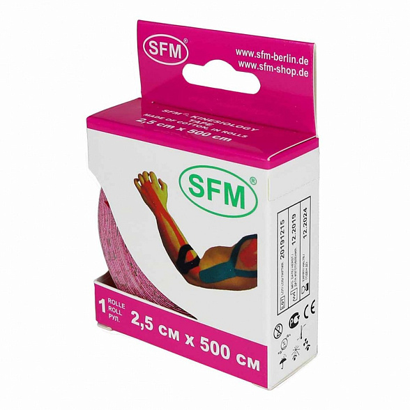 Лента кинезиологическая SFM-Plaster, на хлопковой основе, 2,5см Х 500см, розового цвета, в диспенсере